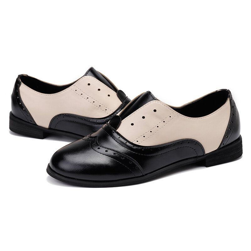 Frauen Farbe Splicing Square Heel Round Toe Brogue Oxfords Casual Flats Loafers