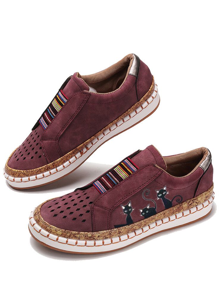 Frauen Große Katze Drucken Aushöhlen Gummiband Casual Flats