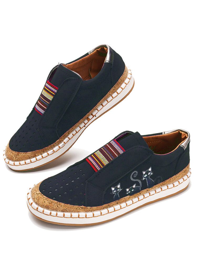 Frauen Große Katze Drucken Aushöhlen Gummiband Casual Flats