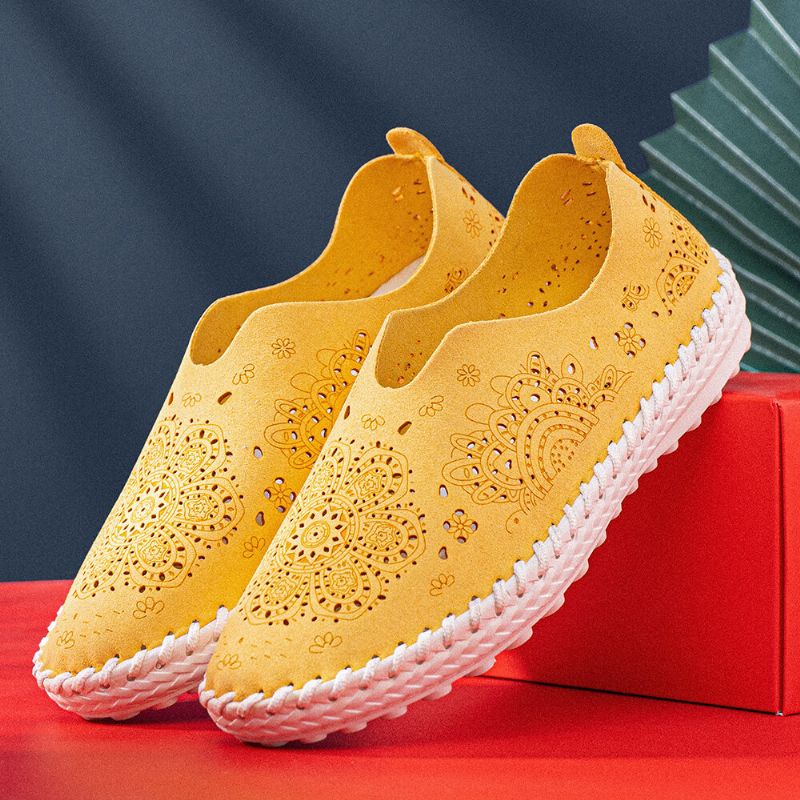 Frauen Kurze Blumen Ausgehöhlte Runde Zehe Flachnähte Loafer Schuhe