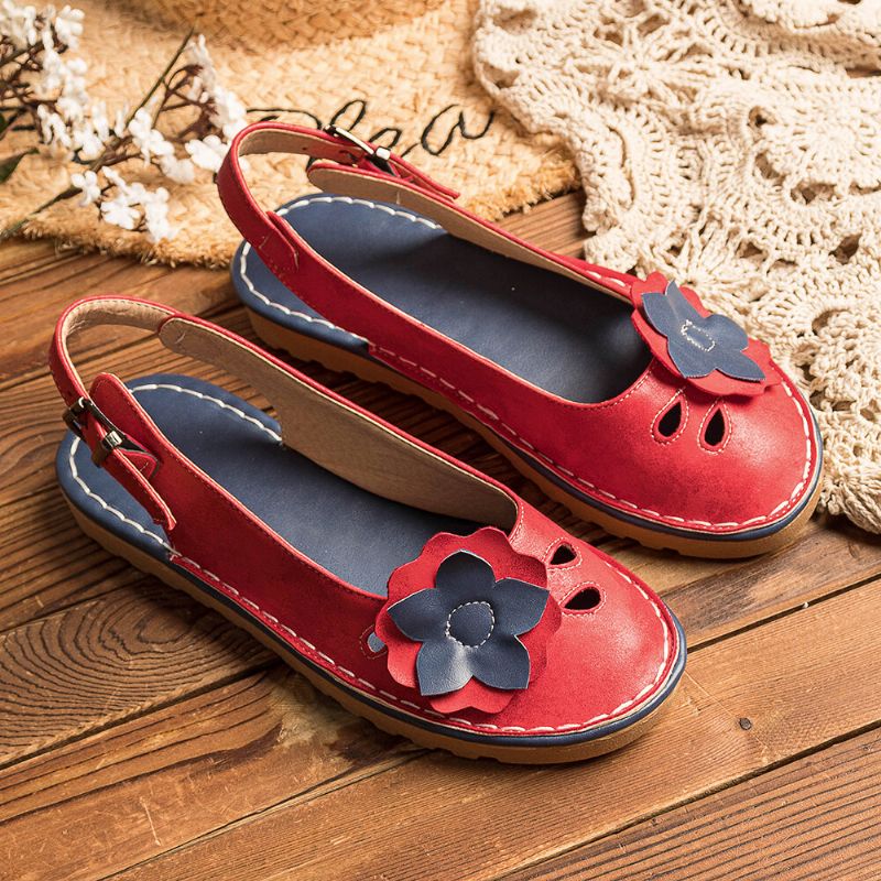 Frauen Retro Blumen Dekor Atmungsaktive Lässige Schwarze Riemen Slingback Flats