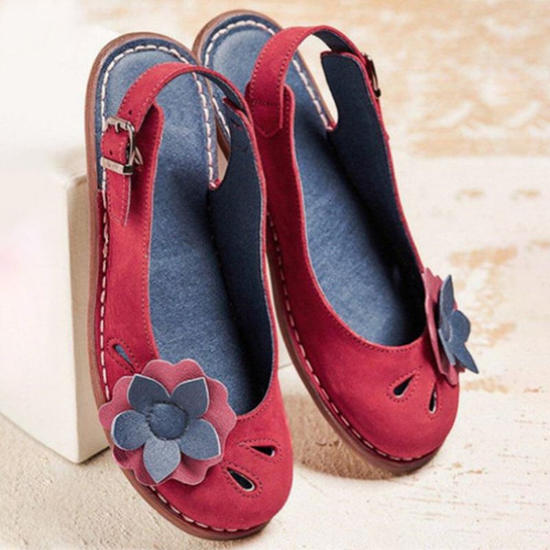 Frauen Retro Blumen Dekor Atmungsaktive Lässige Schwarze Riemen Slingback Flats