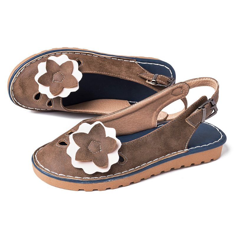 Frauen Retro Blumen Dekor Atmungsaktive Lässige Schwarze Riemen Slingback Flats