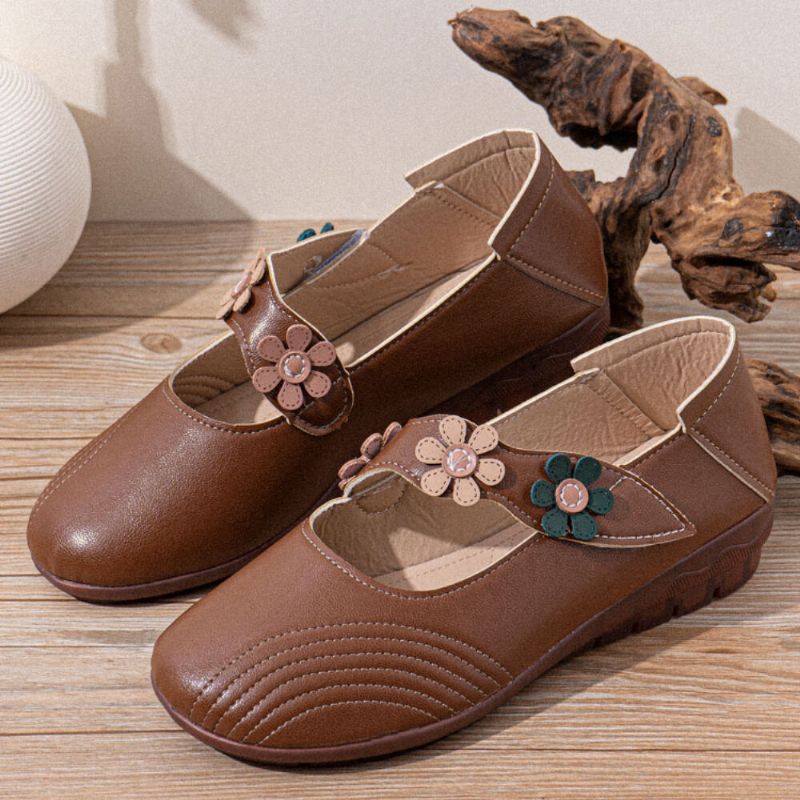 Frauen Vintage Blumenmuster Runde Zehe Atmungsaktive Weiche Sohle Bequeme Flats