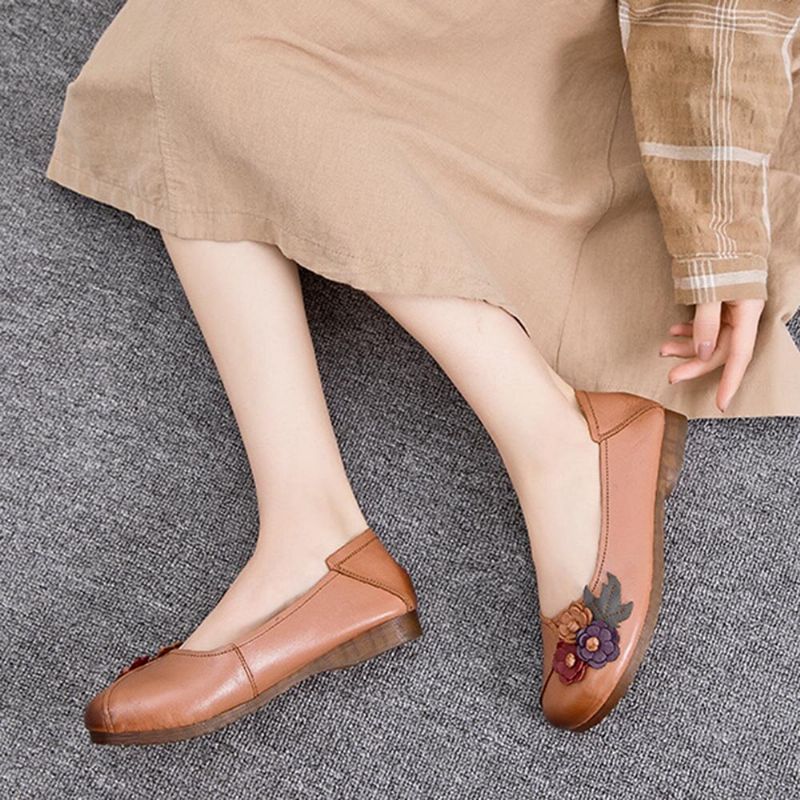 Frauen Vintage Floral Round Toe Echtes Leder Weiche Sohle Slip On Comfy Flats