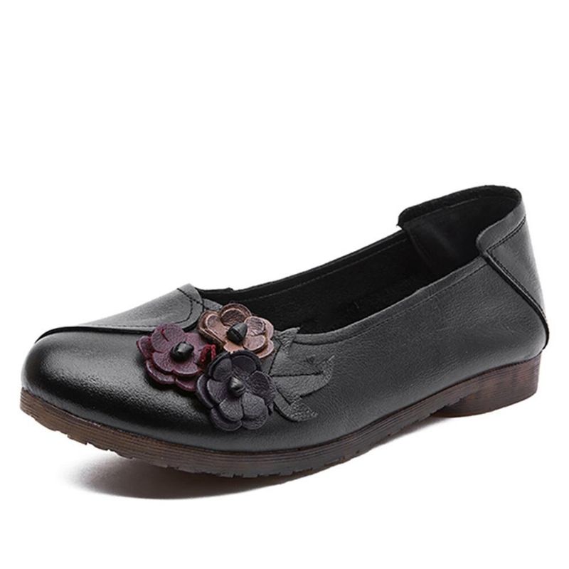 Frauen Vintage Floral Round Toe Echtes Leder Weiche Sohle Slip On Comfy Flats