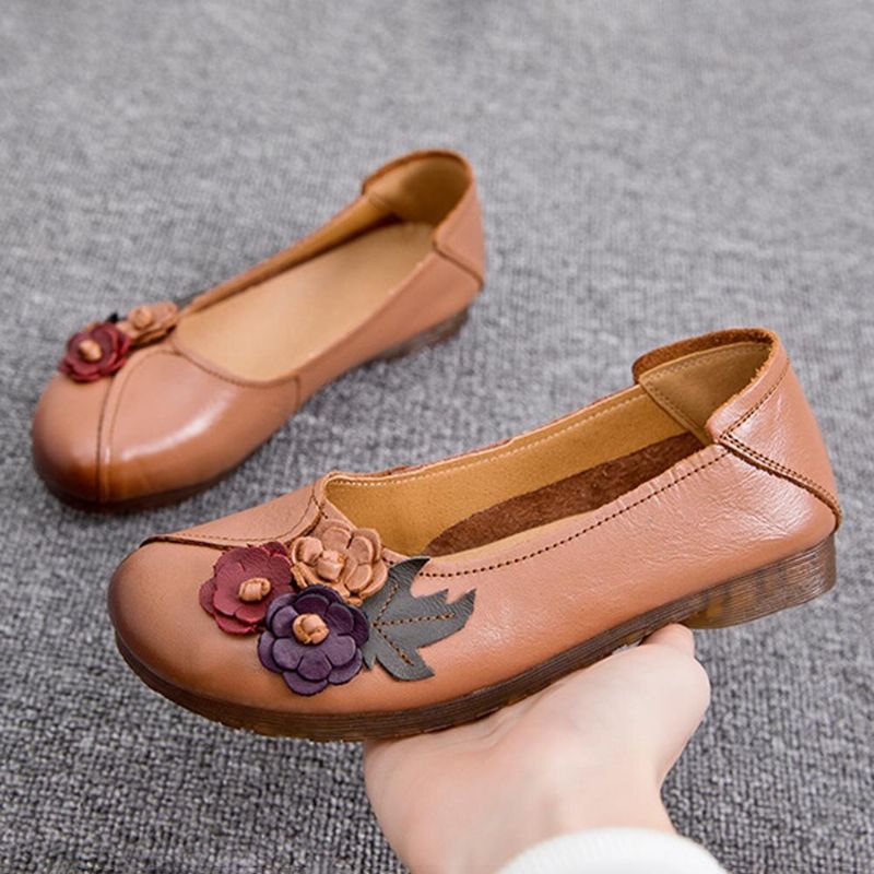 Frauen Vintage Floral Round Toe Echtes Leder Weiche Sohle Slip On Comfy Flats