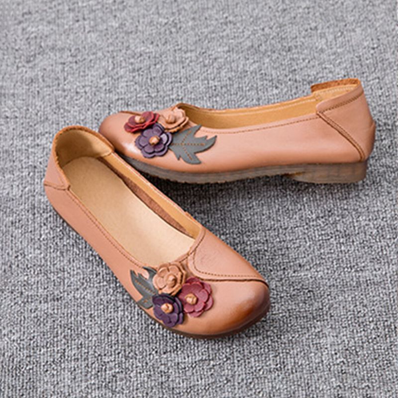 Frauen Vintage Floral Round Toe Echtes Leder Weiche Sohle Slip On Comfy Flats