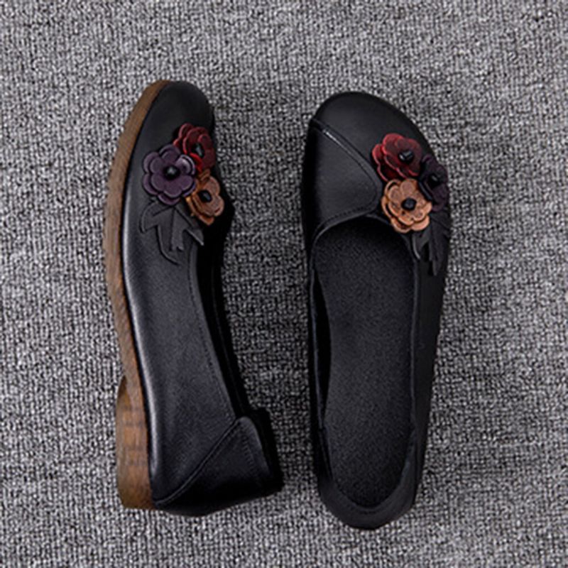 Frauen Vintage Floral Round Toe Echtes Leder Weiche Sohle Slip On Comfy Flats