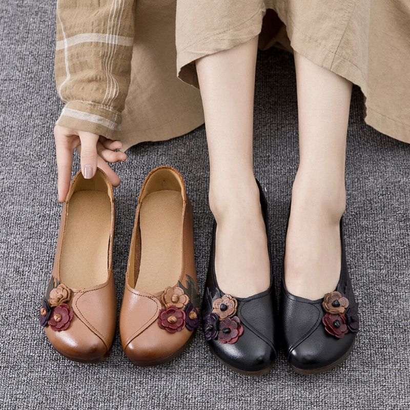 Frauen Vintage Floral Round Toe Echtes Leder Weiche Sohle Slip On Comfy Flats