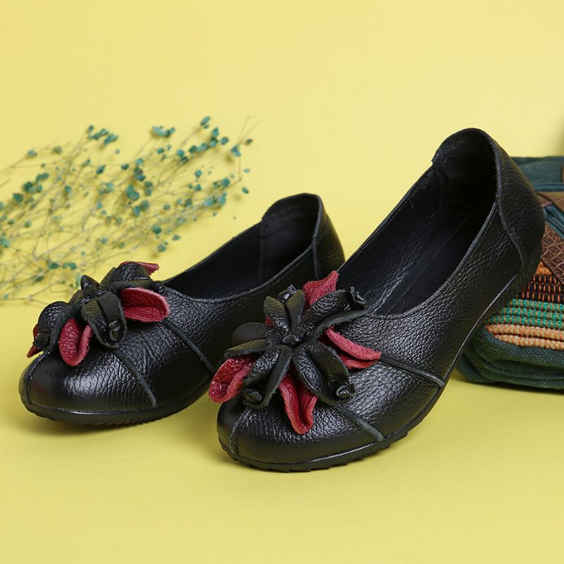 Handgefertigte Retro-blumendekor Weiche Flache Lässige Leder-loafer