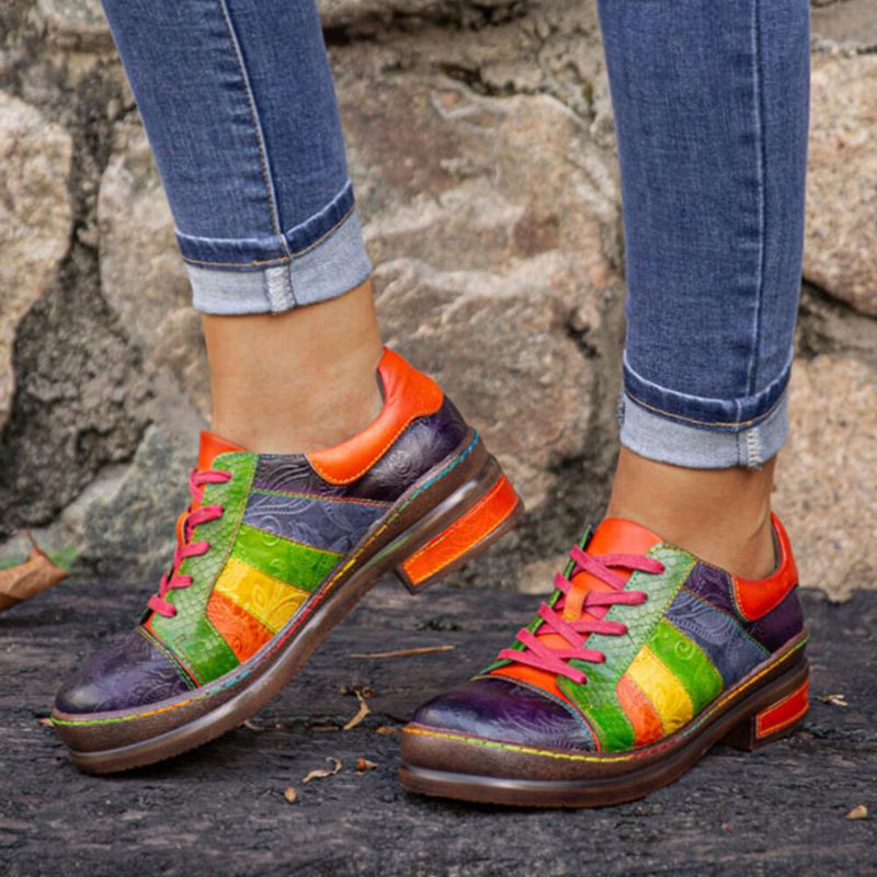 Lässige Loafer Mit Schnürung Und Nähten In Regenbogenfarben Bequeme Lederschuhe Für Damen