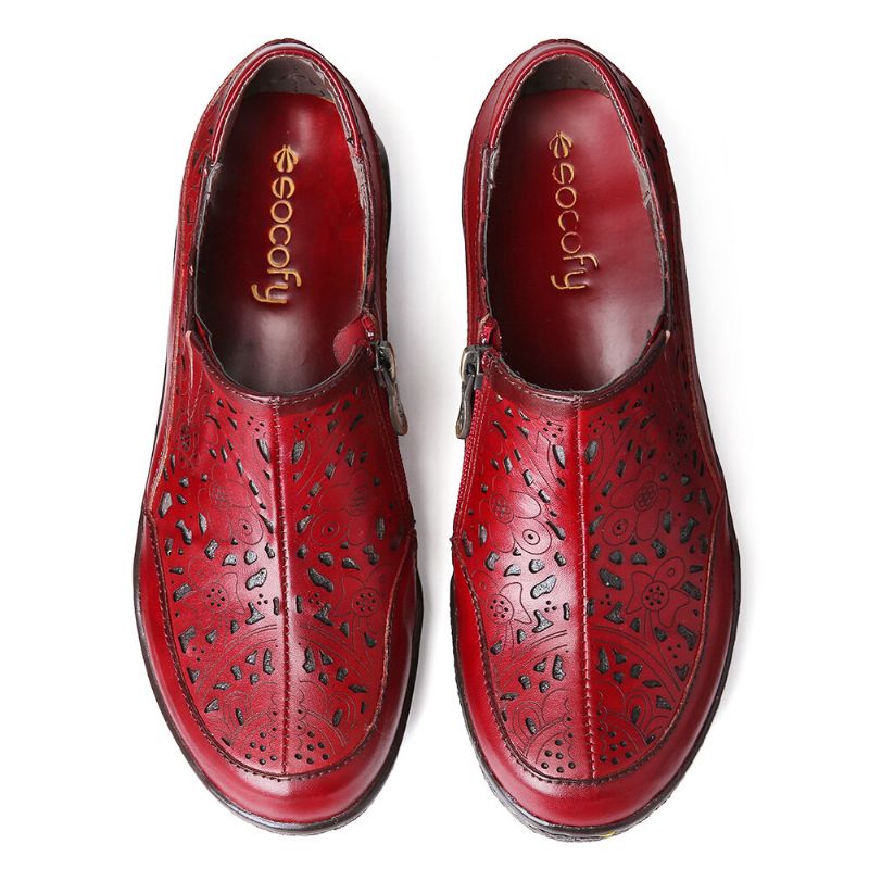 Leder-loafer Mit Floralen Ausschnitten Und Seitlichem Reißverschluss. Rutschfeste Flache Schuhe