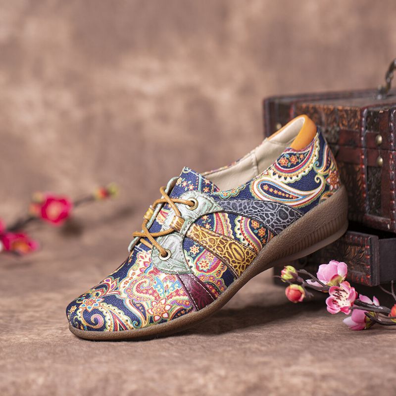 Paisley Retor Blumenspleißen Folkways-stil Runde Zehe Flache Schuhe Zum Schnüren