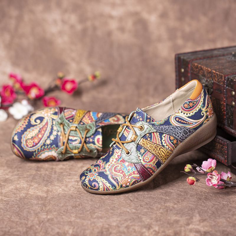 Paisley Retor Blumenspleißen Folkways-stil Runde Zehe Flache Schuhe Zum Schnüren