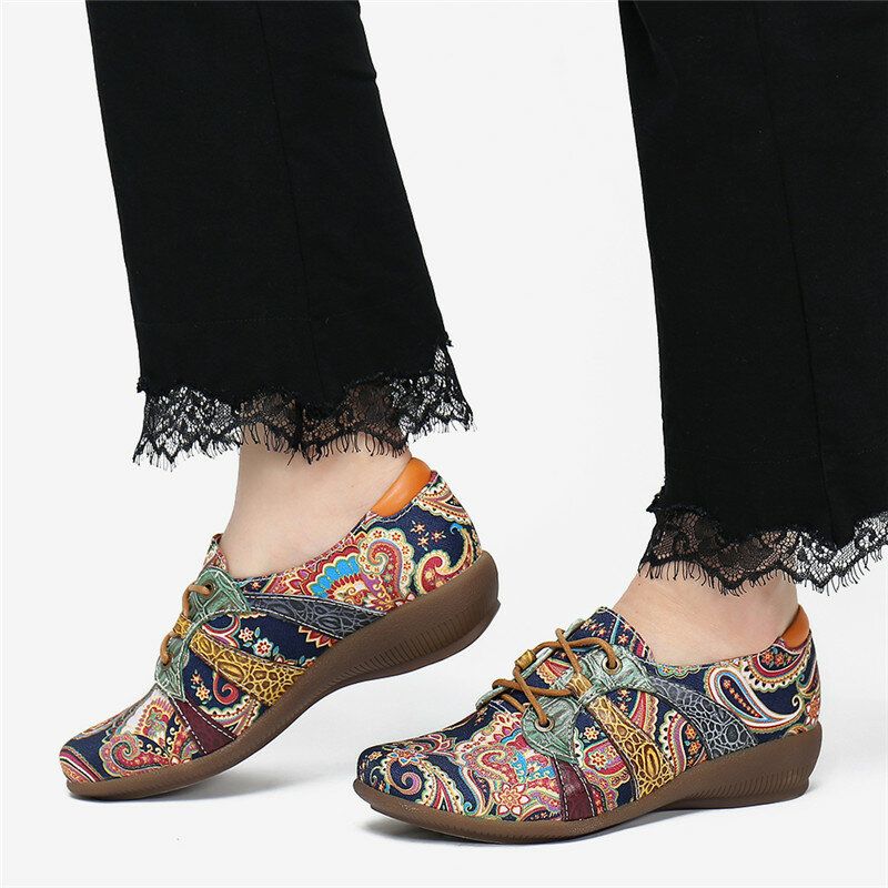 Paisley Retor Blumenspleißen Folkways-stil Runde Zehe Flache Schuhe Zum Schnüren