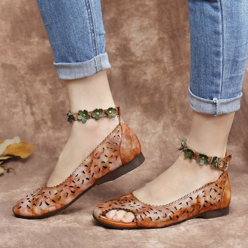 Retro Hollow Tie-dyed Ankle Flowers Buckle Strap Bequeme Weiche Flache Schuhe