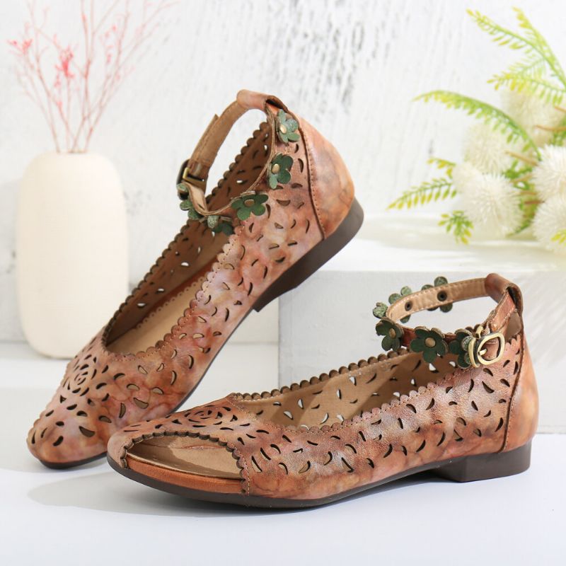 Retro Hollow Tie-dyed Ankle Flowers Buckle Strap Bequeme Weiche Flache Schuhe