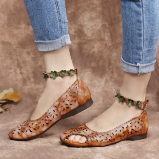 Retro Hollow Tie-dyed Ankle Flowers Buckle Strap Bequeme Weiche Flache Schuhe