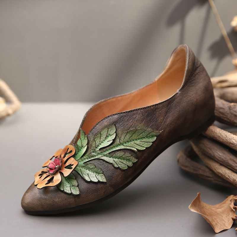 Retro Rainforest Splicing Floral Leaves Elegante Bequeme Flache Lederschuhe