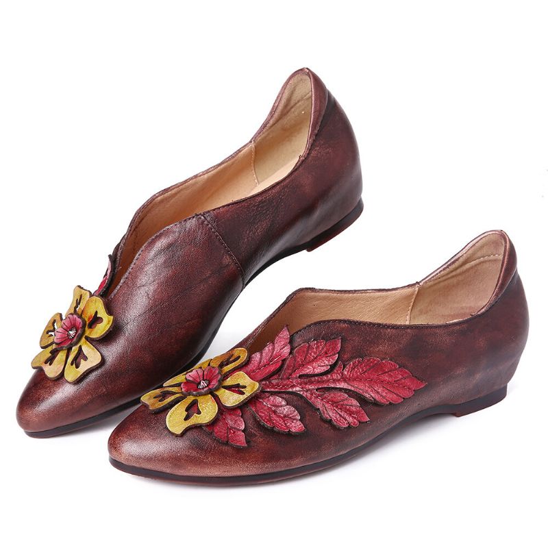 Retro Rainforest Splicing Floral Leaves Elegante Bequeme Flache Lederschuhe