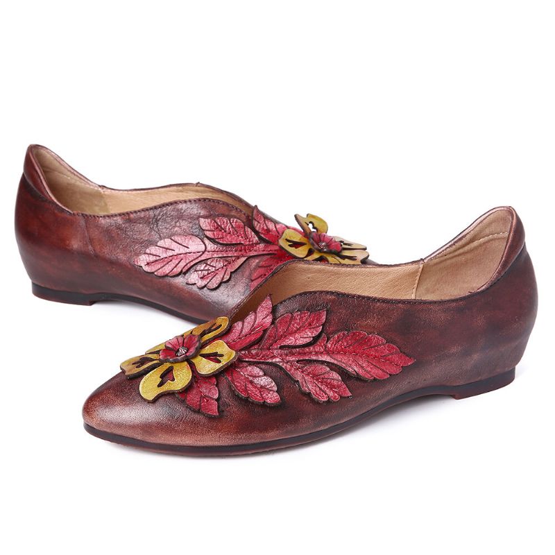 Retro Rainforest Splicing Floral Leaves Elegante Bequeme Flache Lederschuhe