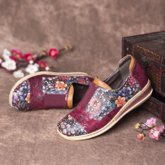 Retro Splicing Kleine Blumen Flache Schuhe Aus Echtem Leder Mit Reißverschluss