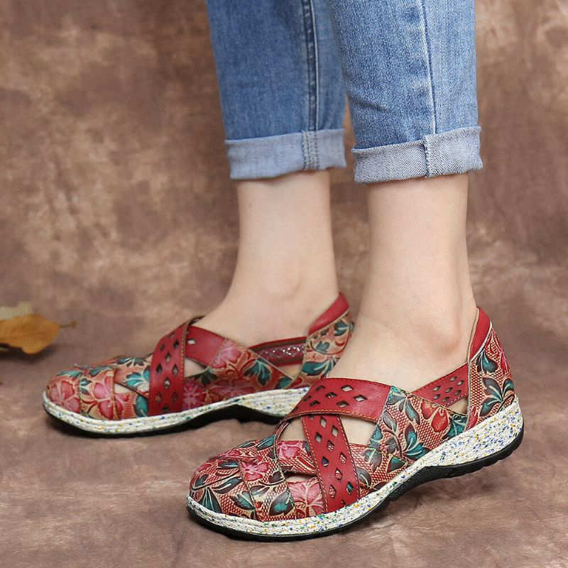 Vintage Handmade Leather Embossed Floral Cutouts Cross Strap Slip On Flache Schuhe