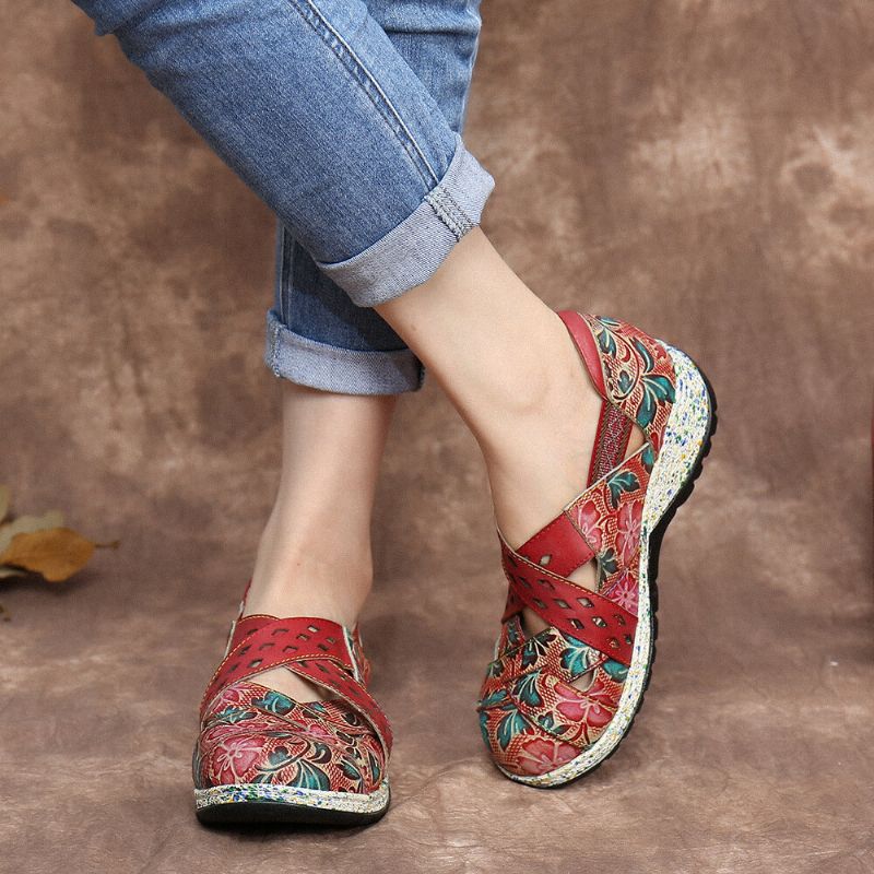 Vintage Handmade Leather Embossed Floral Cutouts Cross Strap Slip On Flache Schuhe