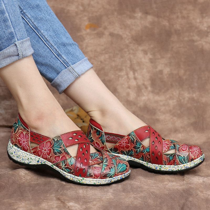 Vintage Handmade Leather Embossed Floral Cutouts Cross Strap Slip On Flache Schuhe