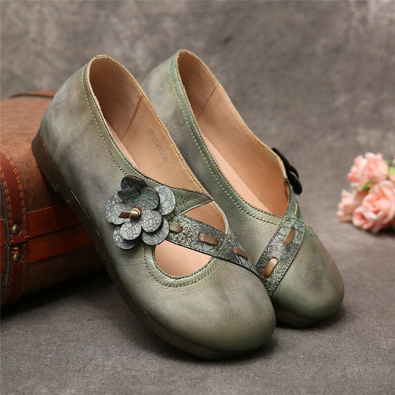 Vintage Handmade Soft Leather Floral Strap Green Slip On Flache Schuhe