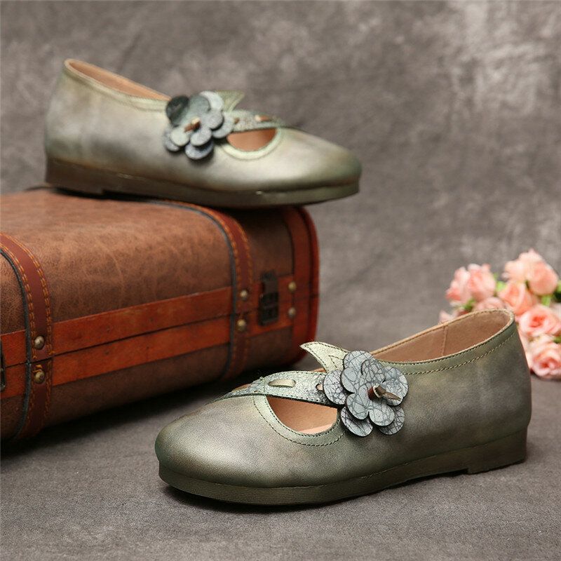 Vintage Handmade Soft Leather Floral Strap Green Slip On Flache Schuhe