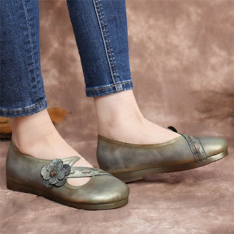 Vintage Handmade Soft Leather Floral Strap Green Slip On Flache Schuhe