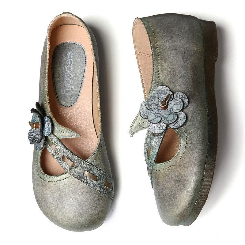 Vintage Handmade Soft Leather Floral Strap Green Slip On Flache Schuhe