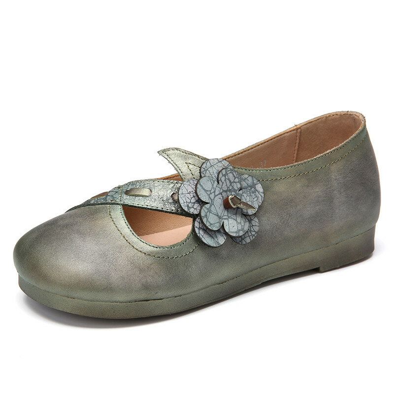 Vintage Handmade Soft Leather Floral Strap Green Slip On Flache Schuhe