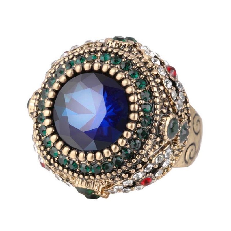 Böhmischer Blauer Strass-fingerring Ethnisches Gold Überzogener Runder Geometrischer Ring-schmucksachen Für Frauen