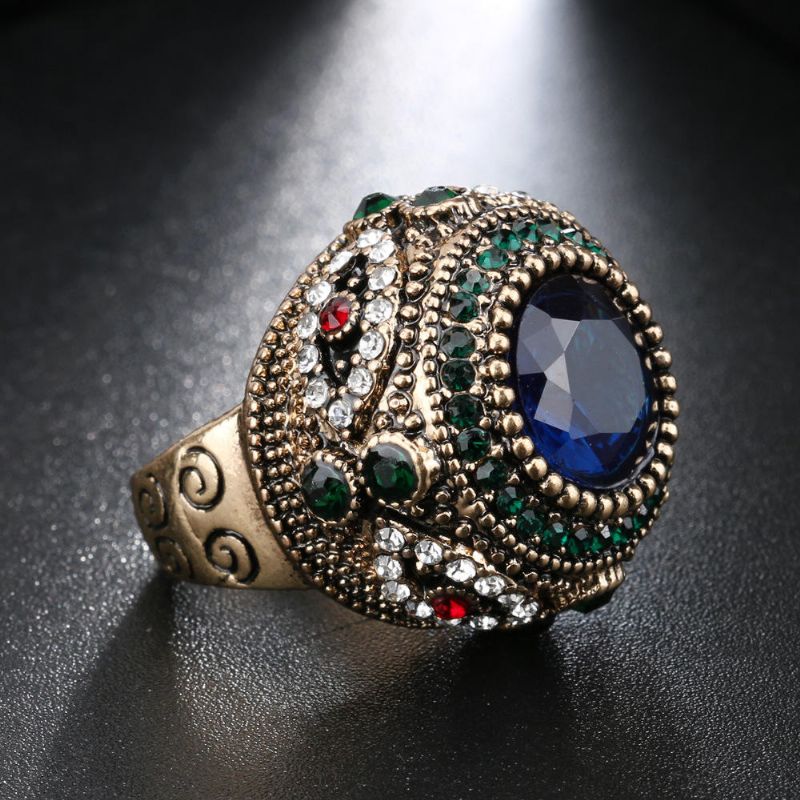 Böhmischer Blauer Strass-fingerring Ethnisches Gold Überzogener Runder Geometrischer Ring-schmucksachen Für Frauen