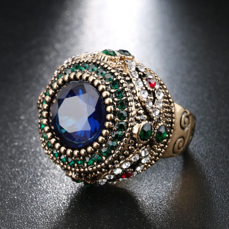 Böhmischer Blauer Strass-fingerring Ethnisches Gold Überzogener Runder Geometrischer Ring-schmucksachen Für Frauen