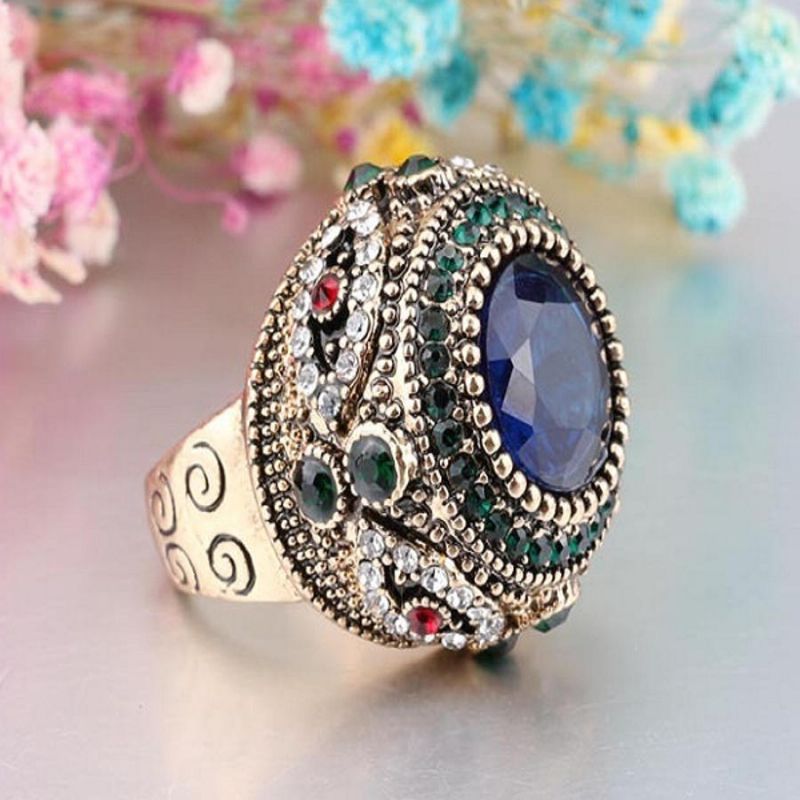 Böhmischer Blauer Strass-fingerring Ethnisches Gold Überzogener Runder Geometrischer Ring-schmucksachen Für Frauen