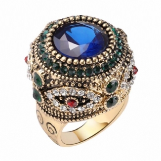 Böhmischer Blauer Strass-fingerring Ethnisches Gold Überzogener Runder Geometrischer Ring-schmucksachen Für Frauen