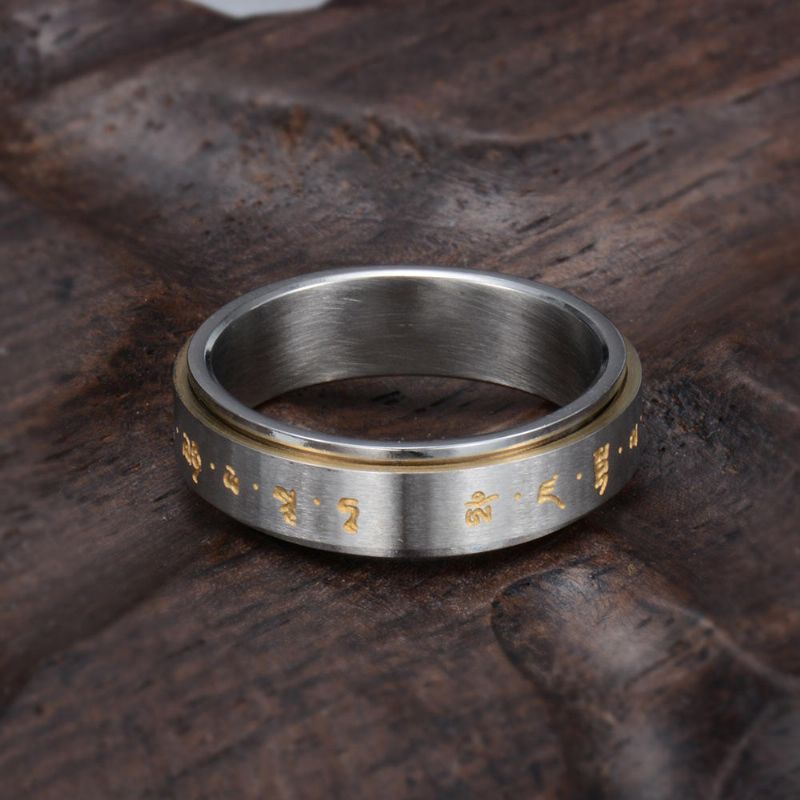 Drehbarer Ring Für Herren Aus Titanstahl Buddhistischer Goldfarbener Spinner-glücksring Mit Mantra-muster