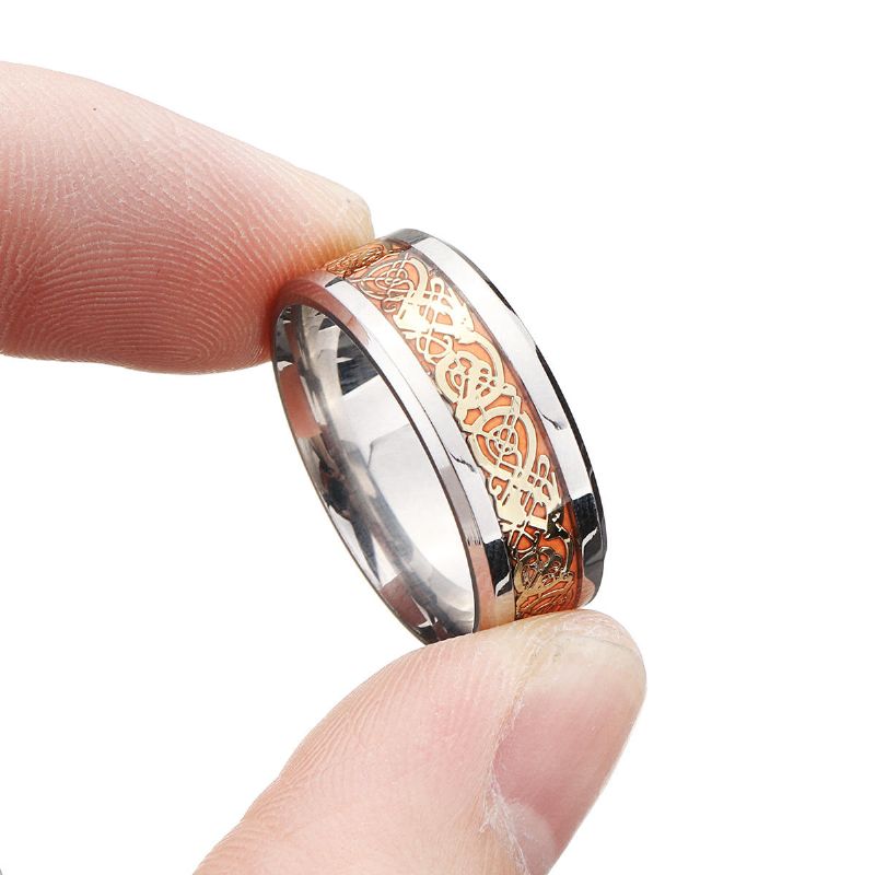 Herrenring Mit Leuchtendem Gold-silber-drachenmuster 8 mm Breit Titanstahl Trendiger Fingerring