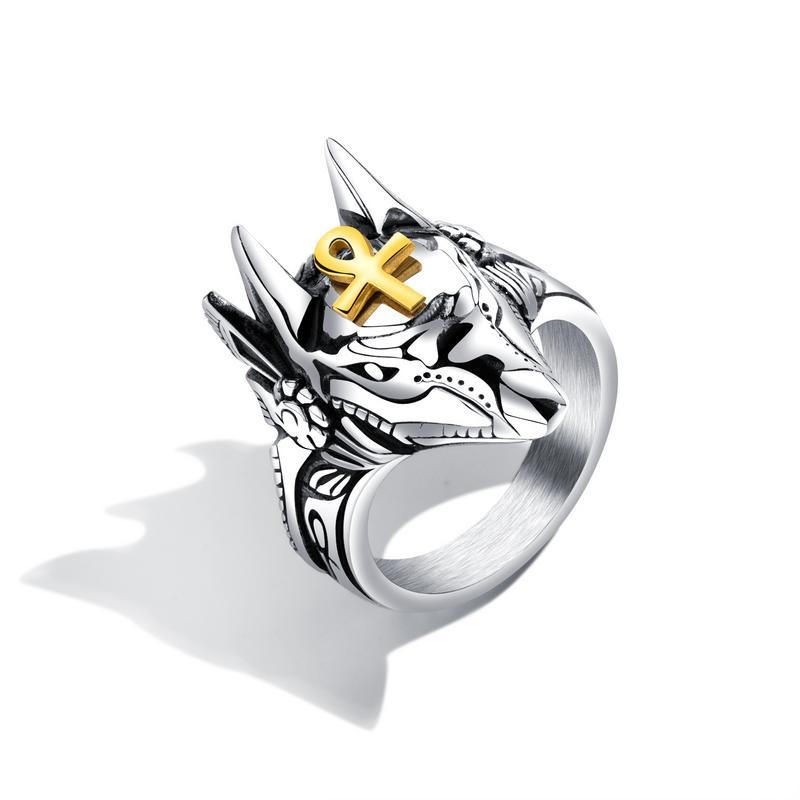 Punk Fingerring Titan Stahl Kreuz Anubis Kopf Porträt Fingerringe Zubehör Schmuck Für Männer