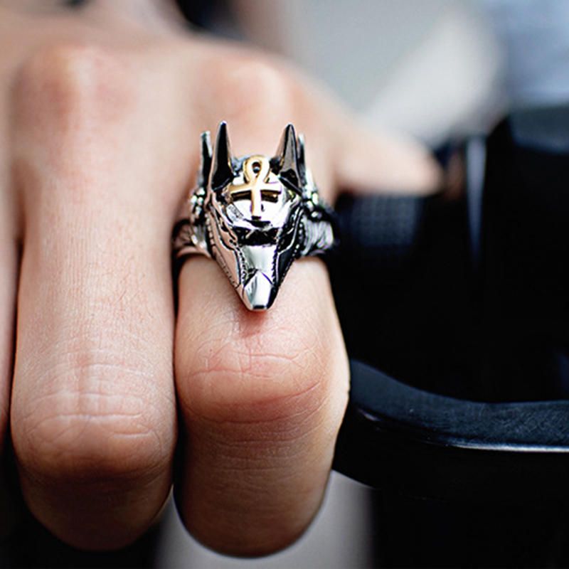 Punk Fingerring Titan Stahl Kreuz Anubis Kopf Porträt Fingerringe Zubehör Schmuck Für Männer