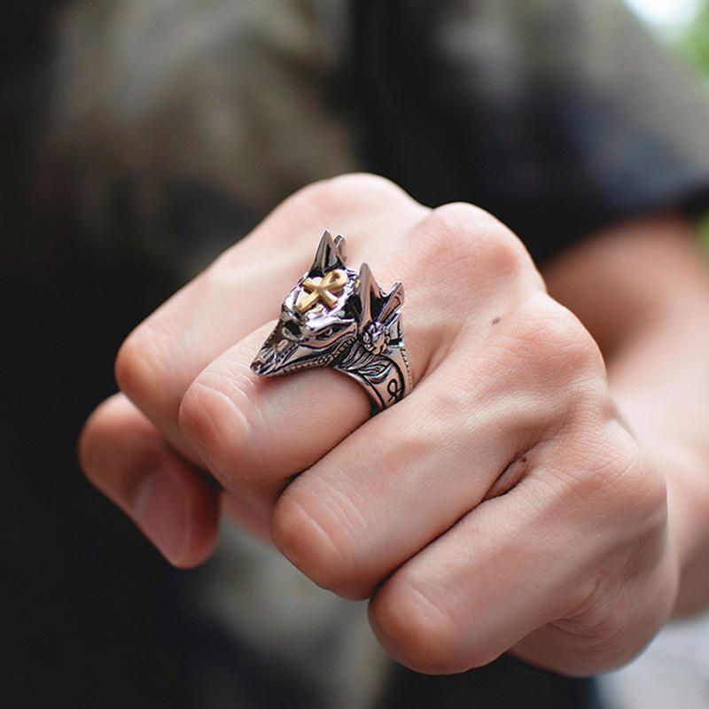 Punk Fingerring Titan Stahl Kreuz Anubis Kopf Porträt Fingerringe Zubehör Schmuck Für Männer