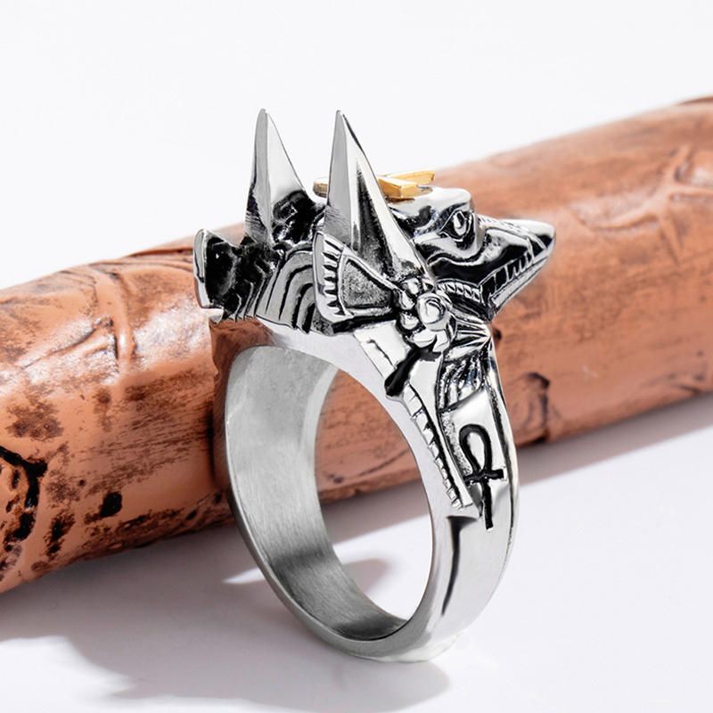 Punk Fingerring Titan Stahl Kreuz Anubis Kopf Porträt Fingerringe Zubehör Schmuck Für Männer