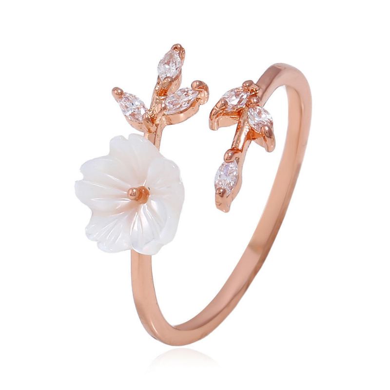 Trendy Zarter Zirkonia-kristallring Blatt-muschel-blume Rose Gold Open-end-ringe Für Frauen Mädchen