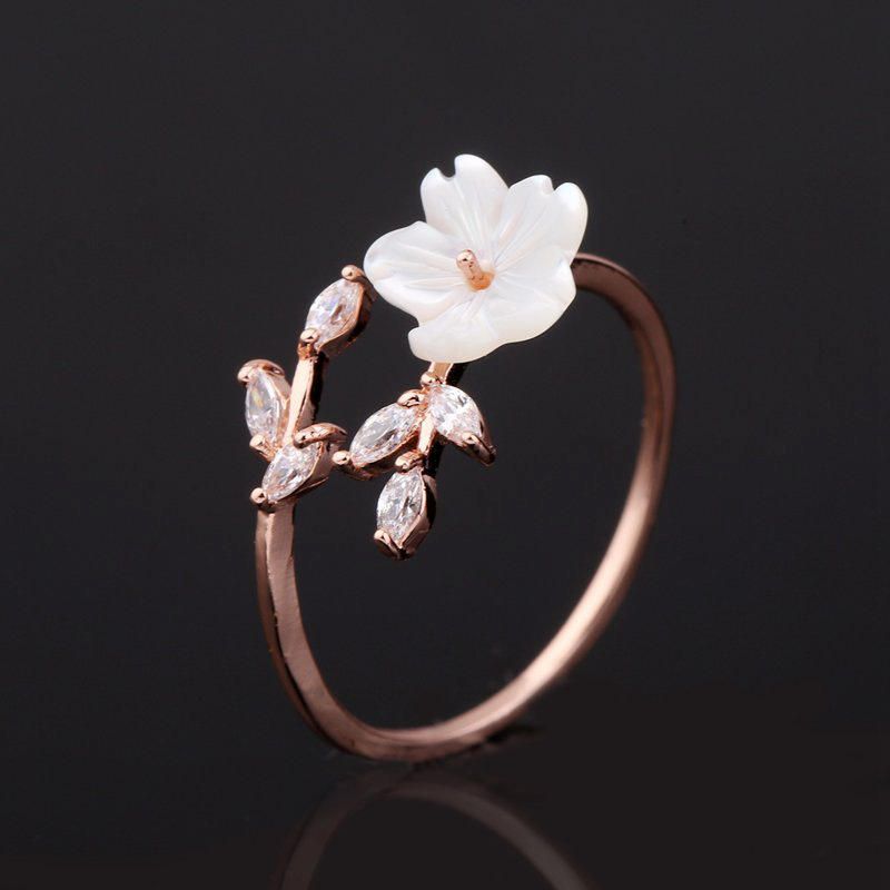 Trendy Zarter Zirkonia-kristallring Blatt-muschel-blume Rose Gold Open-end-ringe Für Frauen Mädchen