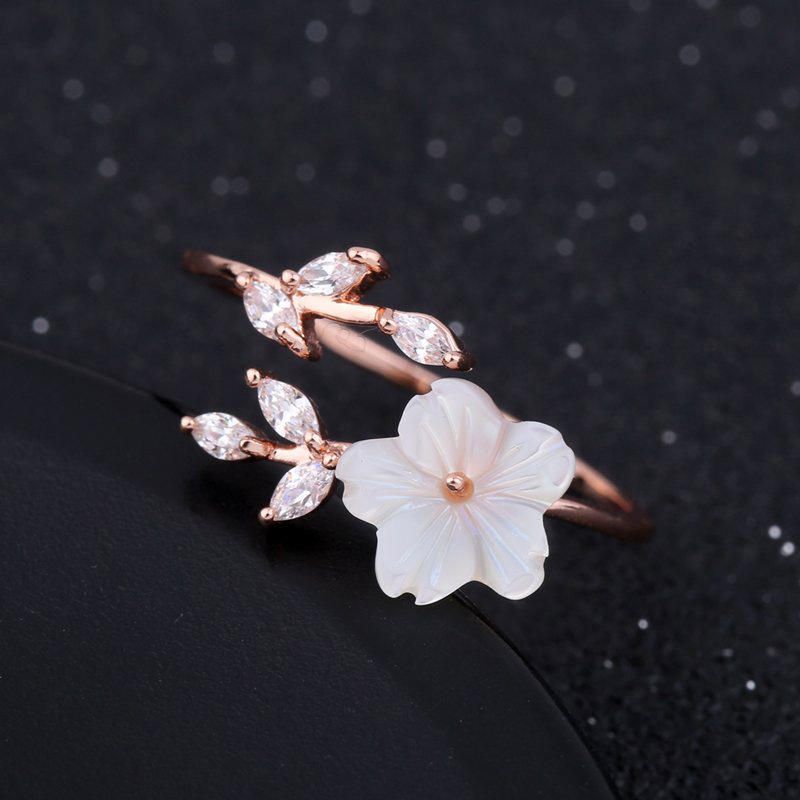 Trendy Zarter Zirkonia-kristallring Blatt-muschel-blume Rose Gold Open-end-ringe Für Frauen Mädchen