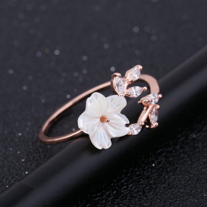 Trendy Zarter Zirkonia-kristallring Blatt-muschel-blume Rose Gold Open-end-ringe Für Frauen Mädchen